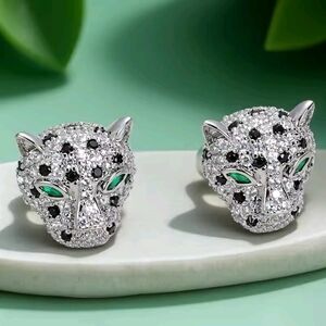 💎PANTHER Black Stone and Pave Earrings, Cheetah, Pierced Emerald GreenEyes